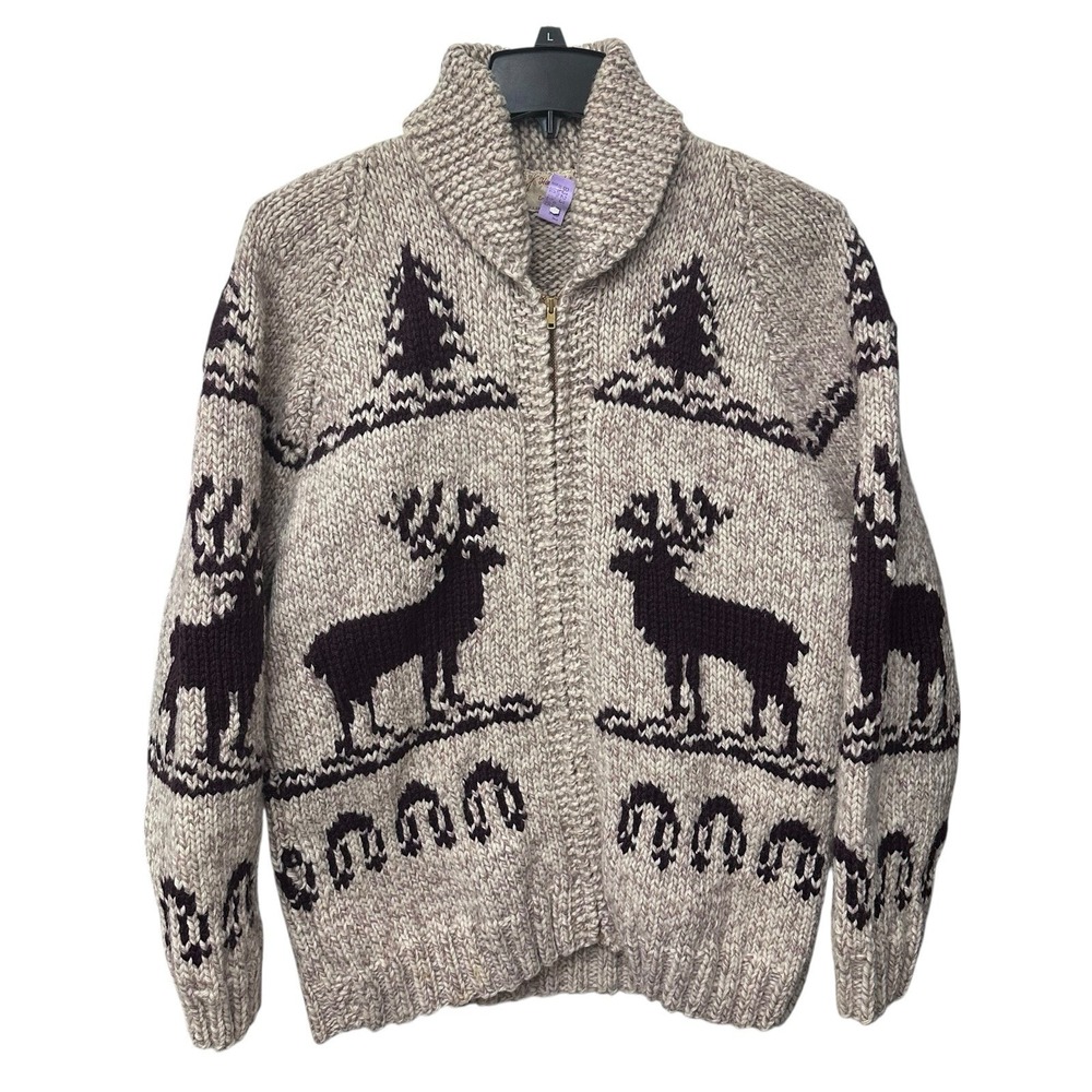 VTG Heavyweight Deer Buck Elk Wool Hand Knit Sweater Men's Large Zip‎ Up Jacket